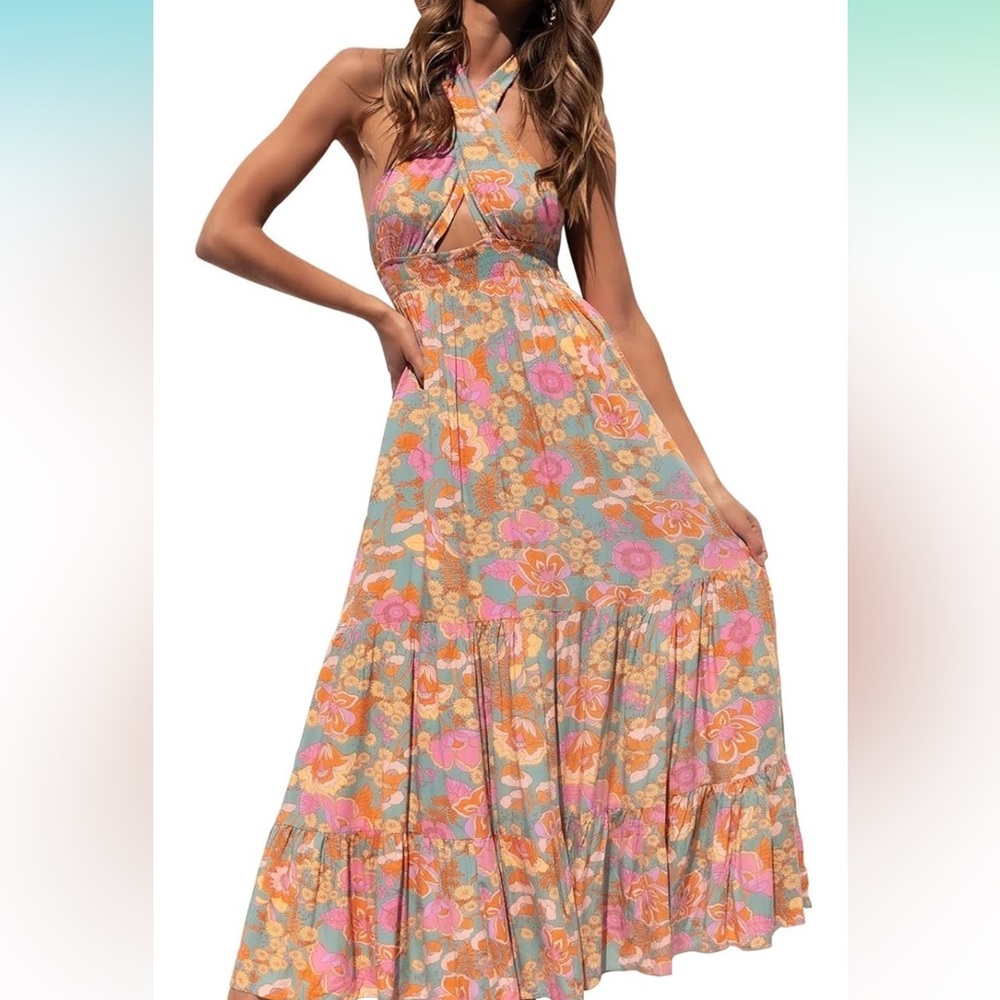 Cross Halter Neck Flowy Maxi